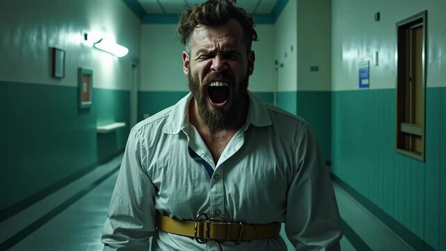 A tense standoff unfolds in a dimly lit hospital corridor, with a distraught man screaming during a dramatic scene. A deranged psychopath in a straitjacket.