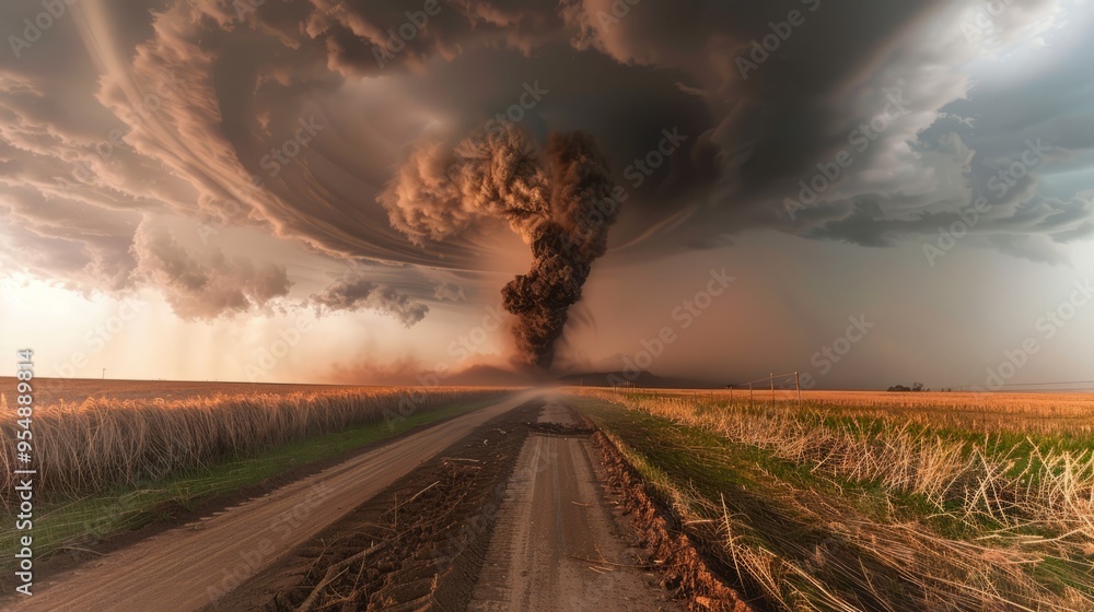 Poster a tornado is blowing through a field of corn