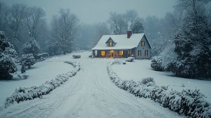 Fototapeta premium Snow-covered house with a warm glow on a winter evening