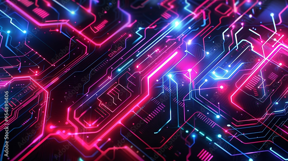 Poster 3d abstract rendering of a circuit board with glowing neon lights, showcasing the complexity and bea