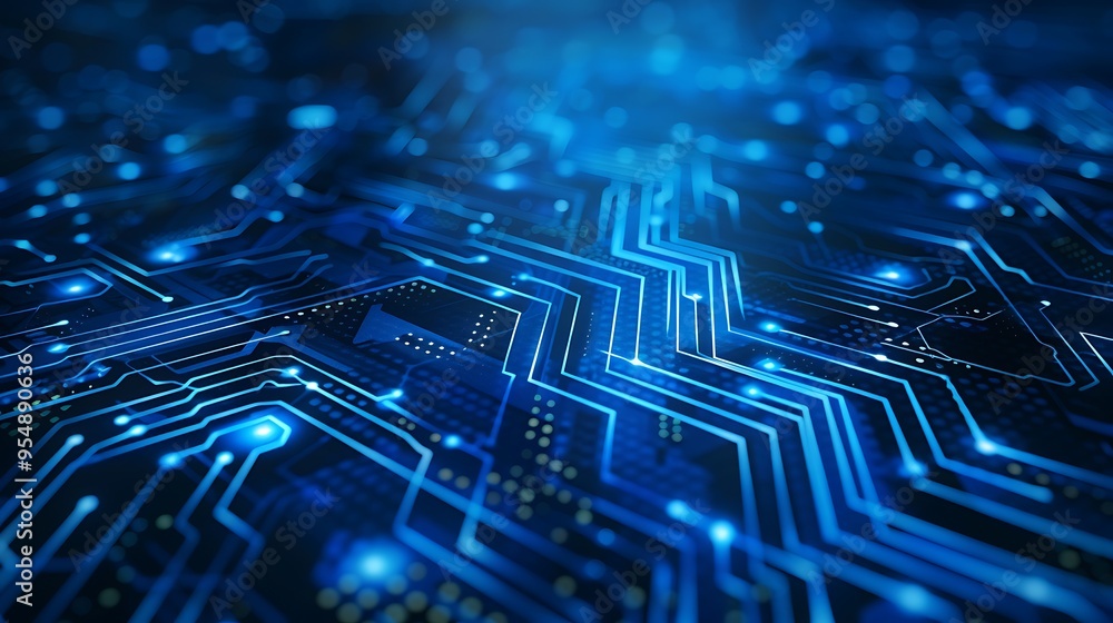 Poster futuristic abstract image of a blue glowing digital circuit board intricate lines and patterns repre