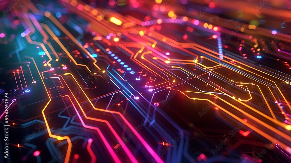 Poster colorful abstract rendering of a circuit board luminous lines and connections symbolize the flow of 