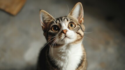 Obraz premium A cute cat with a heart-shaped marking on its fur, looking up with a sweet, innocent gaze.