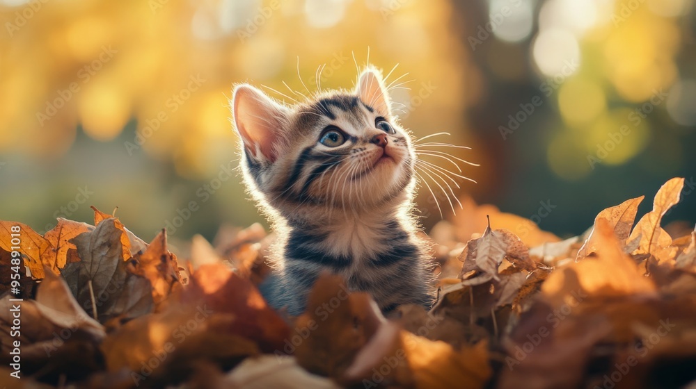 Poster a cute kitten exploring a pile of autumn leaves, its tiny nose sniffing the air with curiosity.