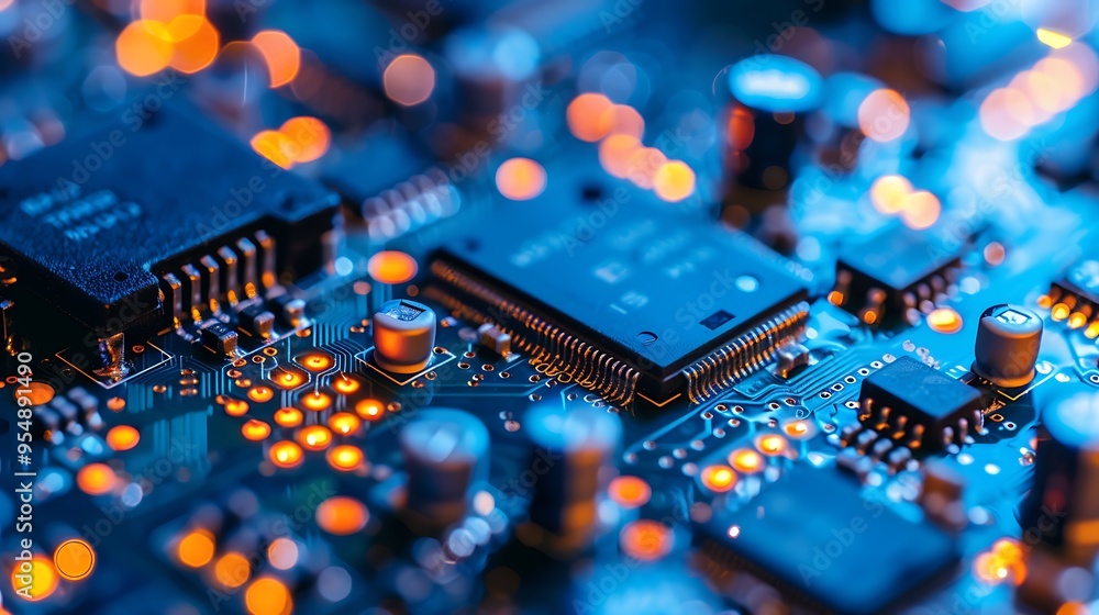 Aufkleber close-up of a circuit board with intricate details of integrated circuits and microchips.