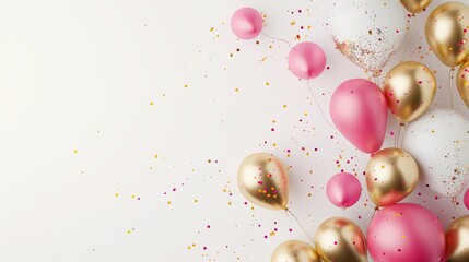 Party decoration colorful design, perfect for greeting card and birthday invitation. Event and anniversary bright background with balloons, confetti and decorations.