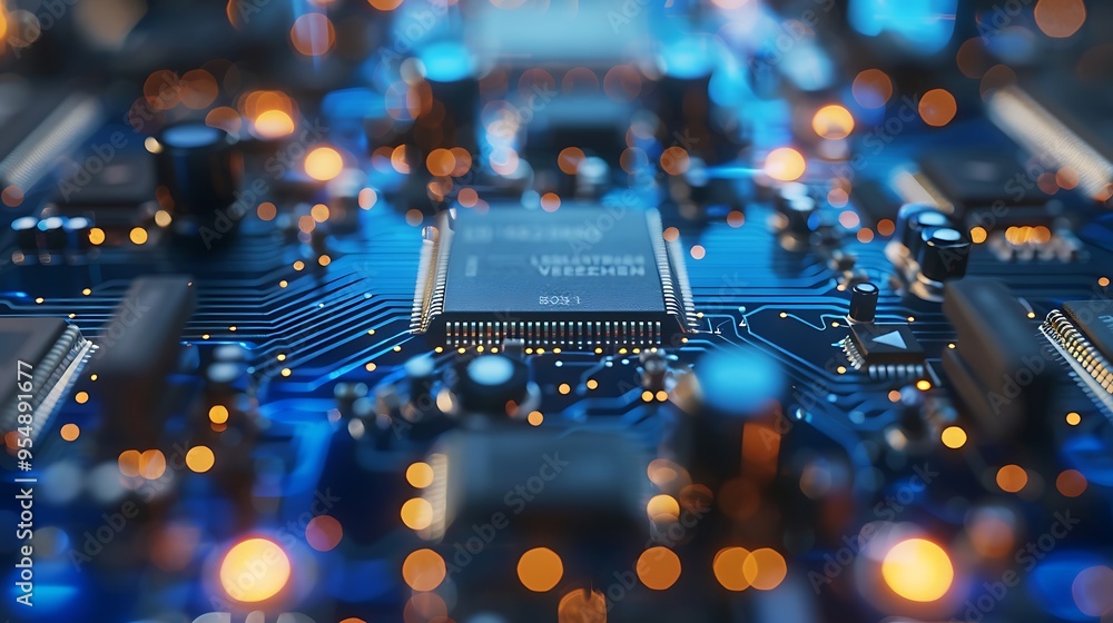 Poster close-up of a microchip circuit board with intricate circuitry, showcasing the complexity and sophis