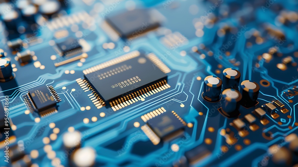 Poster close-up of a circuit board showcasing its intricate electronic components and circuitry. the centra