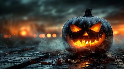 A carved pumpkin with an evil expression, resting on a wooden table, blurred background featuring distant, flickering lights, soft light and shadows creating an eerie and mischievous Halloween vibe.