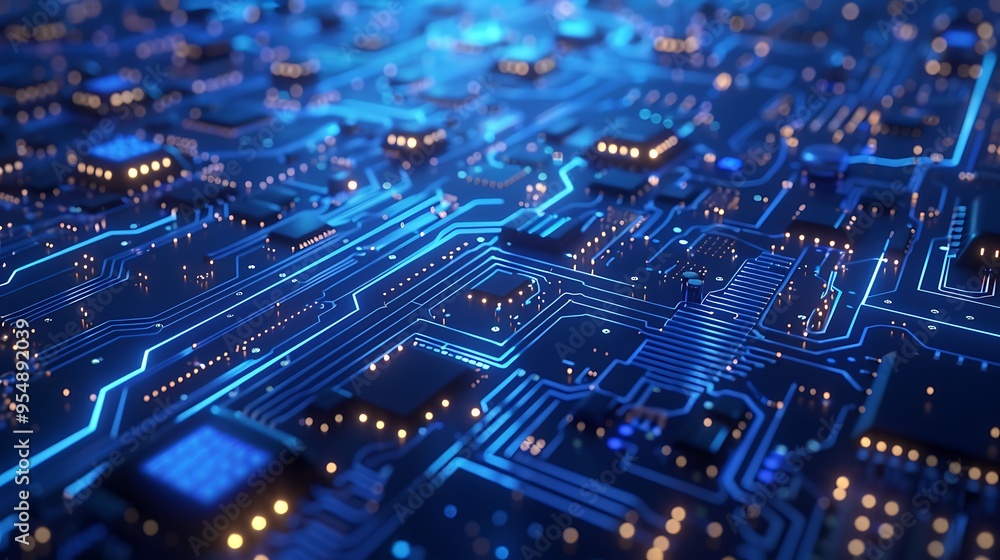 Poster close-up of a circuit board with glowing blue lines and electronic components. the image conveys a s