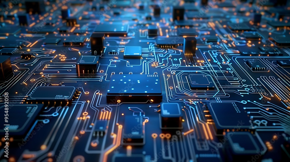 Poster close-up view of a complex circuit board with intricate wiring and glowing lights, representing the 