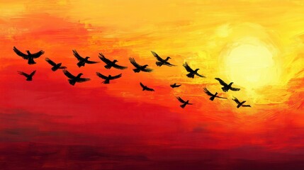 Obraz premium Birds Silhouettes Flying in Sunset Sky Watercolor Painting Art