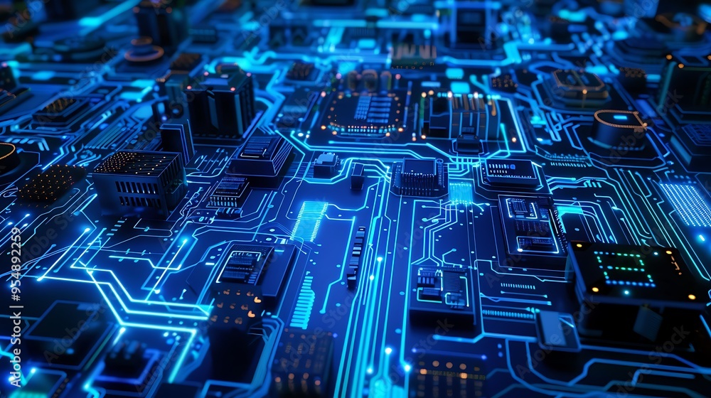 Poster 3d abstract image of a circuit board with glowing blue lines, showcasing the intricacies of technolo