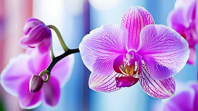 A purple orchid  is shown with  its petals  open, revealing  the pistils  and  pistis .
