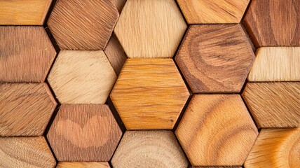 Fototapeta premium A close-up view of wooden hexagonal tiles, showcasing a variety of textures and colors, perfect for interior design themes.