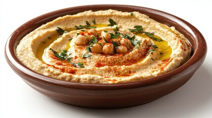 Bowl of Creamy Hummus Topped with Chickpeas, Parsley, and Olive Oil