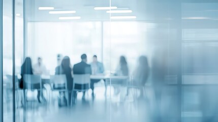Abstract blurred business meeting in a white office space, emphasizing corporate dynamics.