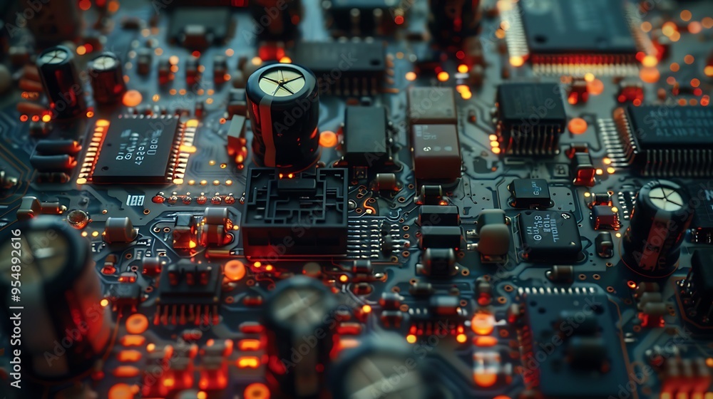 Poster close-up shot of a circuit board with illuminated leds creating a warm glow.