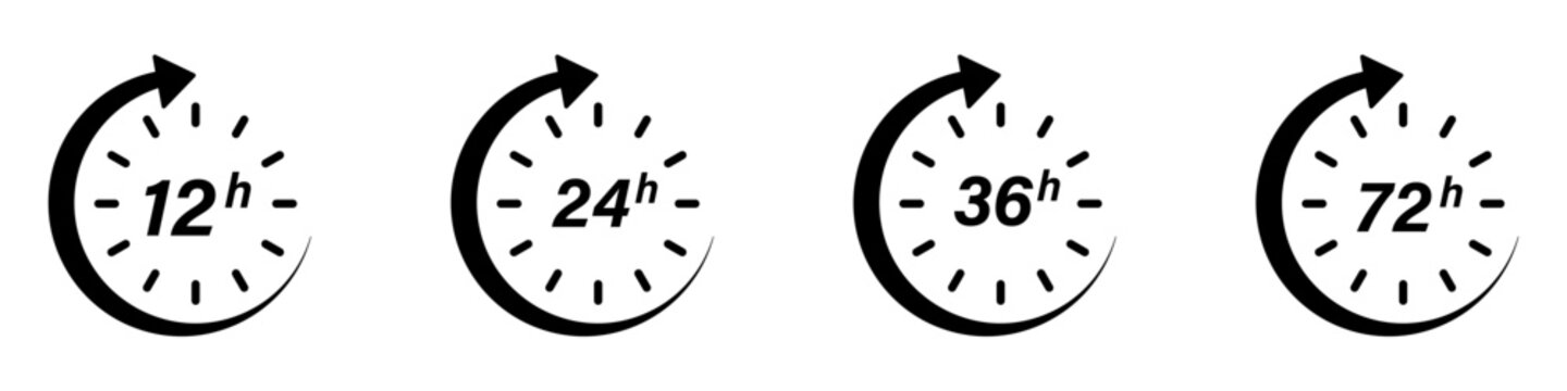 6, 12, 24, 48, 72 hours clock arrow. symbol work time, delivery and service time, isolated on white , vector icon Illustration