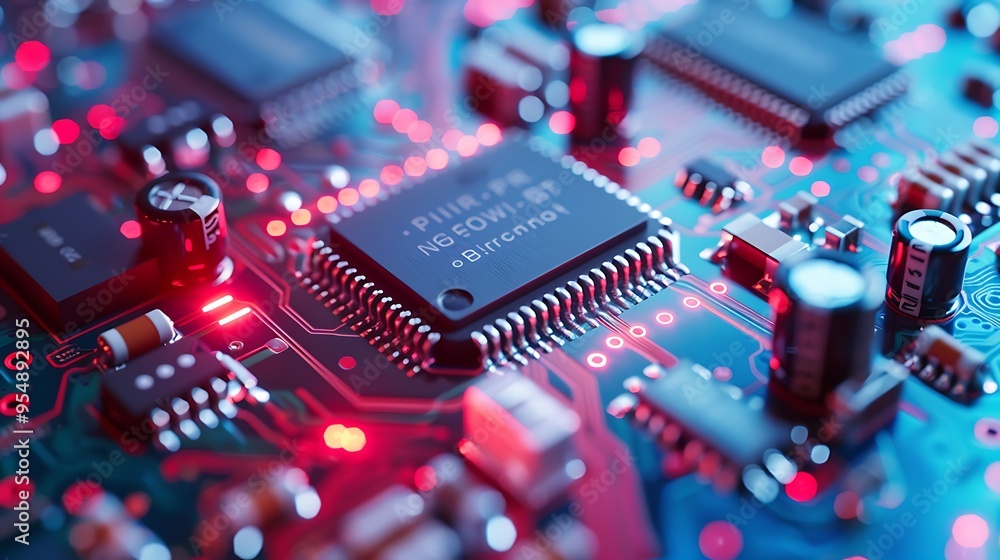 Poster close-up shot of a circuit board with red lights illuminating the microchip and other electronic com