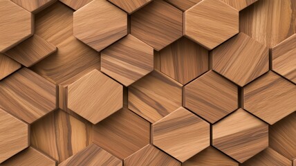 Close-up of a hexagonal wooden tile pattern, showcasing rich textures and natural tones for design purposes.