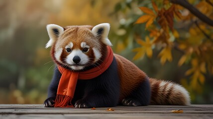 Fototapeta premium Cute Red Panda in Autumn Season Wearing Scarf, Cozy and Playful Wildlife Portrait
