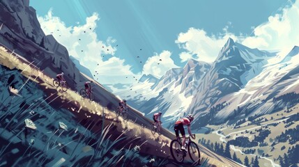 Envision a high-speed cycling race through mountainous terrain. Cyclists push themselves to the limit, pedaling up steep inclines and speeding down winding descents. 