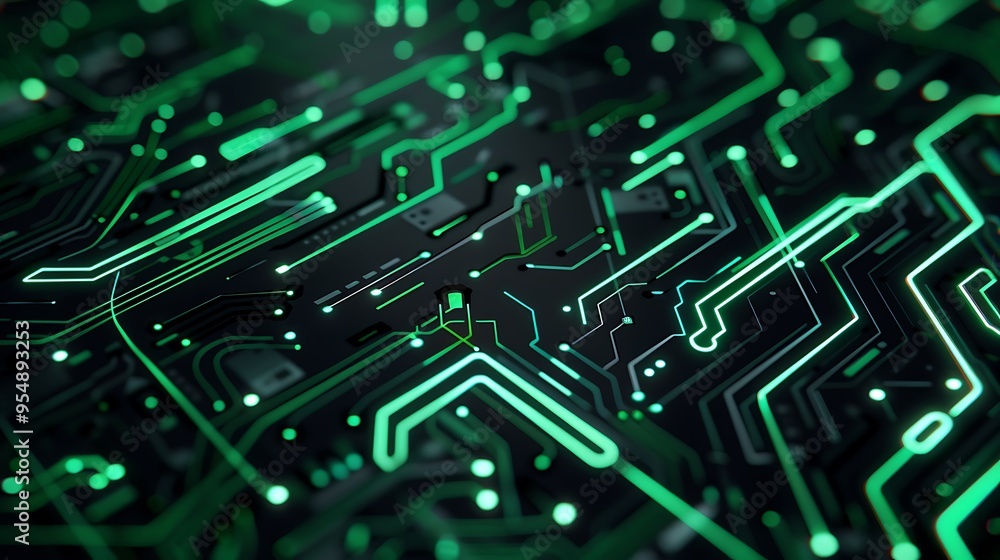 Poster close-up view of an abstract circuit board with glowing green lines, showcasing the intricate networ
