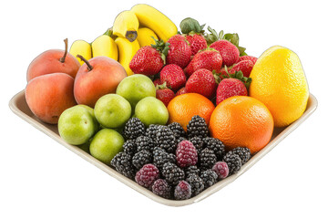 A vibrant assortment of fresh fruits, including bananas, apples, strawberries, and citrus varieties on a wooden platter.