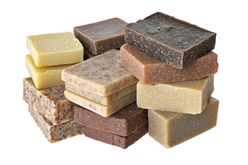 A vibrant collection of homemade soap bars arranged in an appealing stack showcasing various textures and colors.