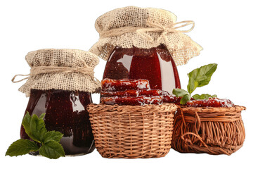 Delicious homemade jam in rustic jars and baskets, beautifully presented with mint leaves, perfect for food enthusiasts.