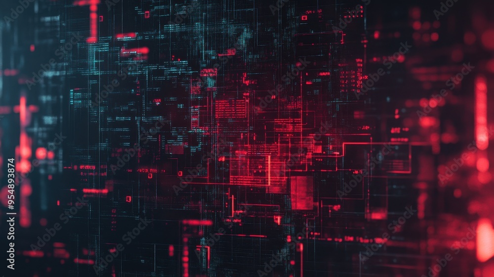 Poster abstract digital glitch background with red and blue code.