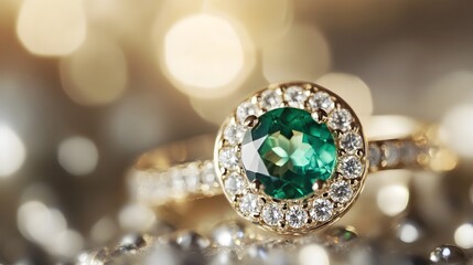 Fototapeta premium A stunning closeup photograph showcasing an exquisite emerald ring with a halo of shimmering diamonds capturing the essence of timeless elegance and opulent luxury