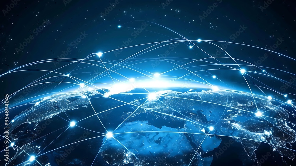 Poster digital rendering of the world with glowing nodes and lines representing the global network symboliz