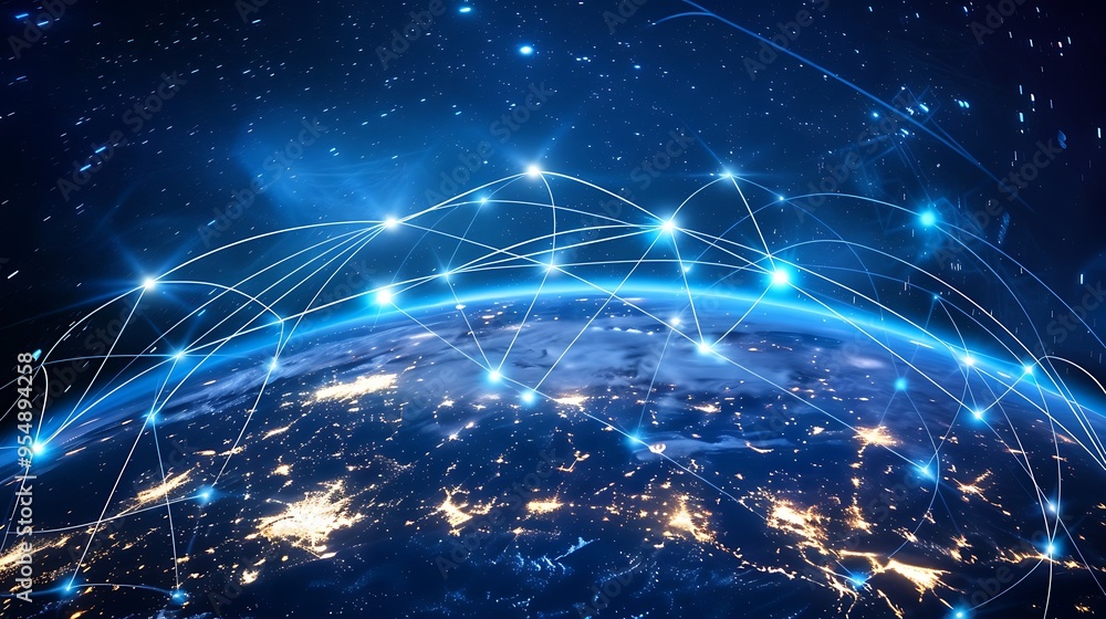 Poster depiction of earth enveloped in a network of interconnected lines representing global communication 