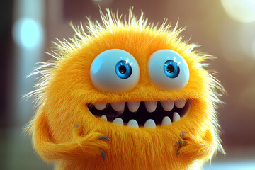 Obraz premium Cute yellow furry monster 3D cartoon character