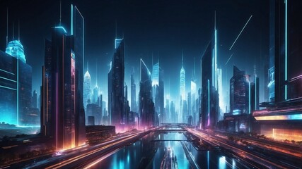 ネオンライトが輝く未来的な都市建築を描いたベクターイラストによるデジタルハイテク都市デザイン