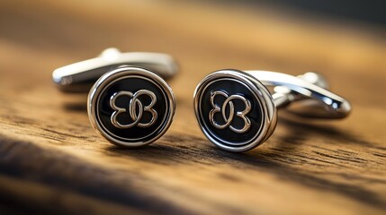 Closeup Photograph of a Pair of Stylish Metallic Cufflinks Featuring a Refined Monogram Design   A Sophisticated Fashion Accessory for the Discerning Professional Man