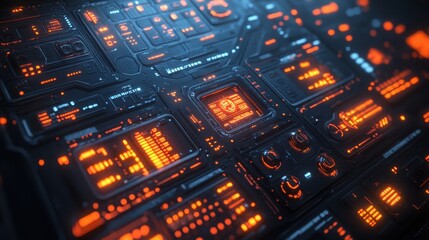 Obraz premium Futuristic Interface with Glowing Orange Lights and Controls.