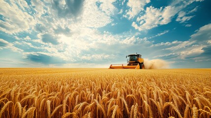 Obraz premium Combine harvester working in a vast wheat field under a blue sky