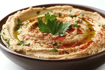 Bowl of Creamy Hummus Topped with Parsley and Paprika
