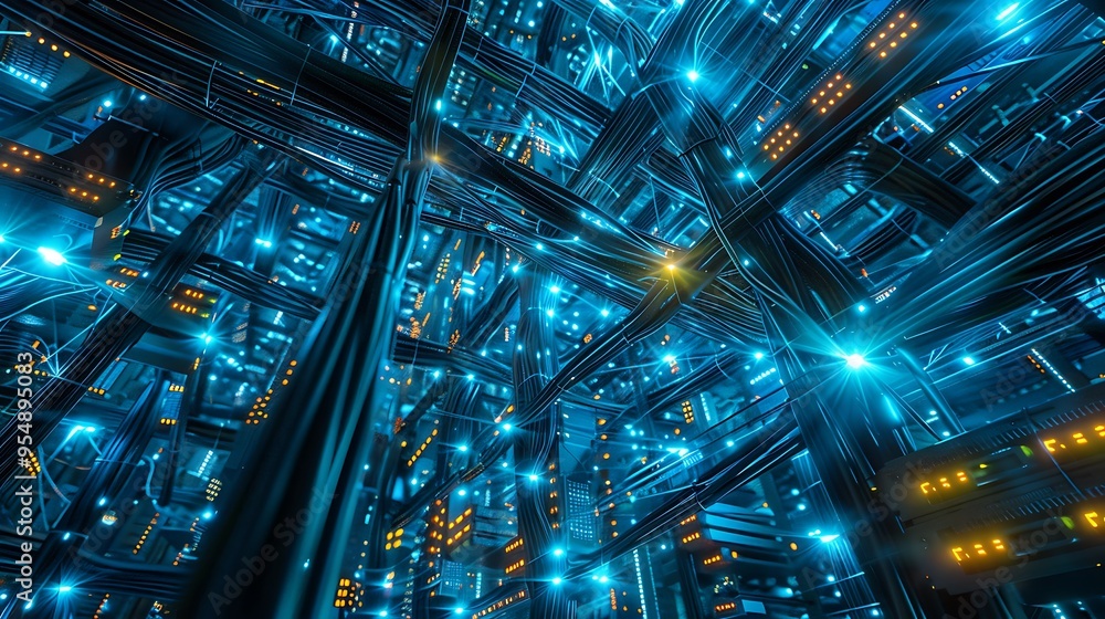 Poster abstract digital network with cables and lights. the concept of a data center or a server room.