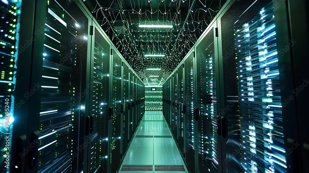 Poster hallway in a server room with rows of server racks each rack lit with green lights, creating a futur