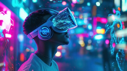 Young man explores a vibrant virtual reality world in an urban setting filled with colorful neon lights at night