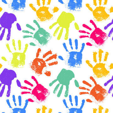 Children seamless pattern colored of hand print. Colorful kid handprint background. Children's handprints vector illustration of a prints of palms. Template kids hands, watercolor, baby palms.