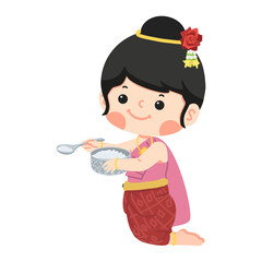 Kid girl in thai dress offering the food
