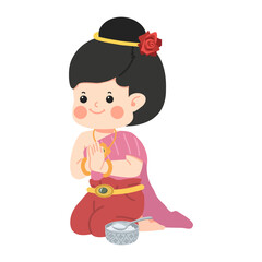 girl in a Thai traditional greeting with offering food