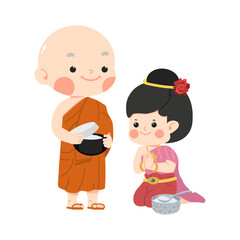 girl Buddhist to do good things make merit by offer food to the monk