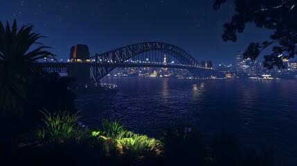 147. **Render the Sydney Harbour Bridge with the city lights sparkling in the evening and the...