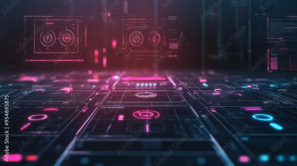 Poster futuristic digital interface with neon lights and circuit board pattern.
